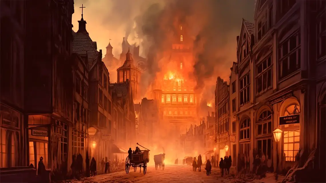 AI generated image depicting the great fire of London