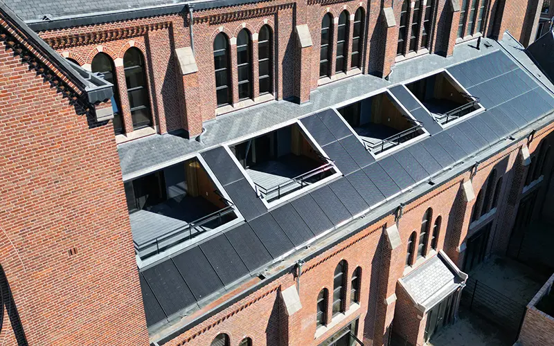 Clearline fusion solar PV installed on the The Heilig Hart van Jezus Kerk (Sacred Heart Church) near the city centre in Breda, Netherlands. This historic church was converted to 20 homes.