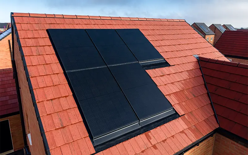 Clearline fusion solar panels on houses at the Viridian Meadows development in Desborough, UK.