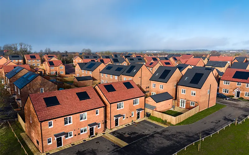 Clearline fusion solar panels on houses at the Viridian Meadows development in Desborough, UK.