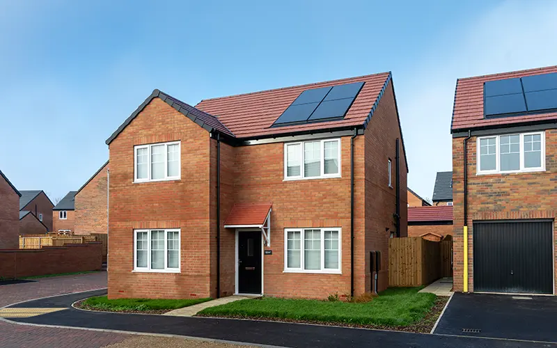 Clearline fusion solar panels on houses at the Viridian Meadows development in Desborough, UK.