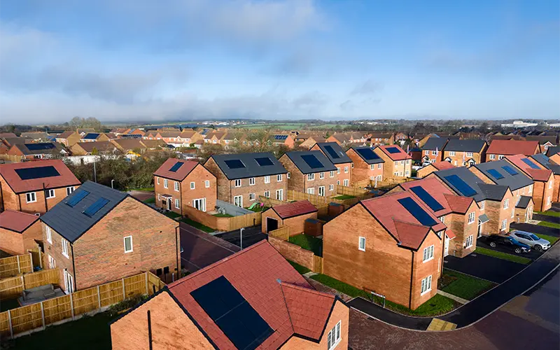 Clearline fusion solar panels on houses at the Viridian Meadows development in Desborough, UK.
