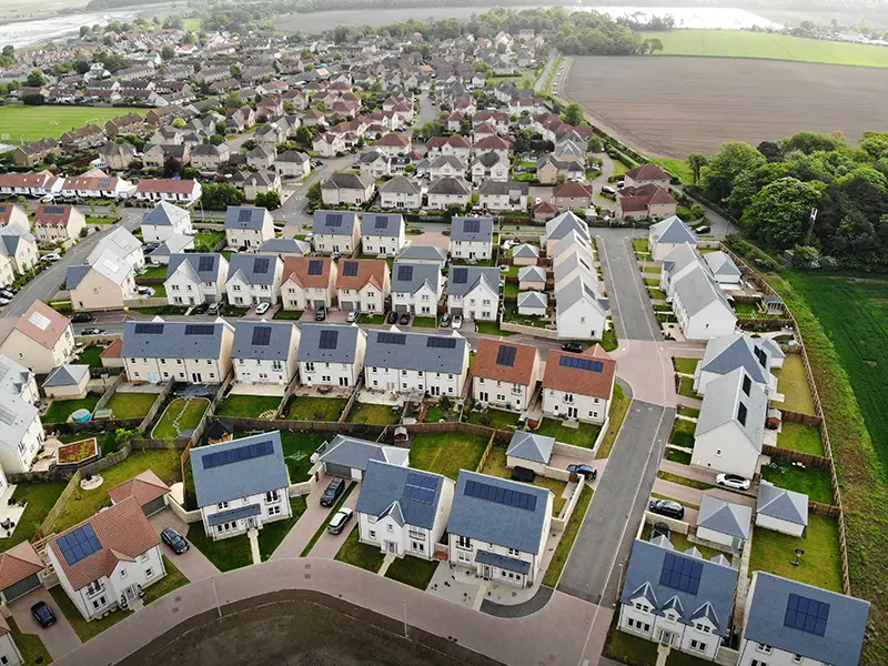 Cruden Housing development at East Lothian with Clearline fusion roof integrated solar.